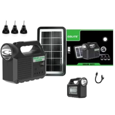 PACHET SOLAR Lanterna cu Panou solar, USB, Bluetooth, Radio FM, MP3, Lanterna LED, 3 Becuri Incluse, Incarcare telefonica.