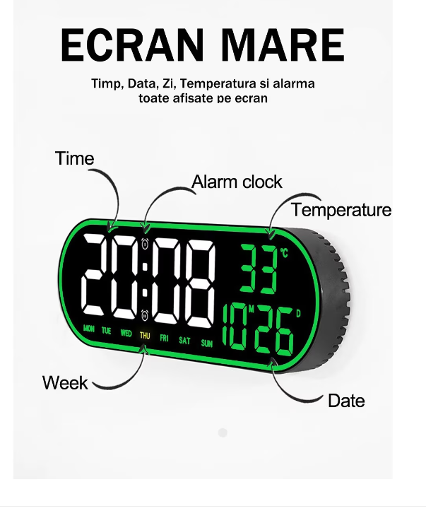 CEAS DE PERETE LED SMART OVAL CALENDAR TERMOMETRU ALARMA 35CM Produs Recomandat