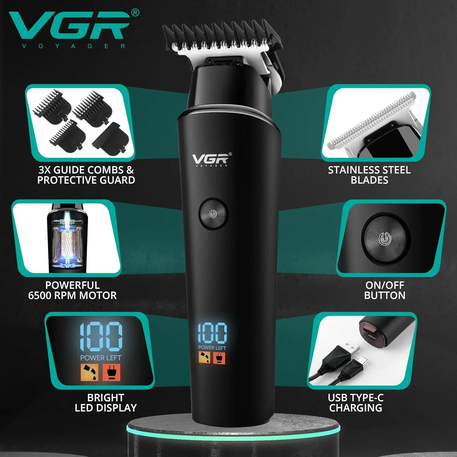 VGR V-937 Profesional Trimmer cu LED pentru Barba Aparat de ras electric reincarcabil cu baterie de 500 min Kit de ingrijire pentru miriste de precizie profesionale - Produs Recomandat 