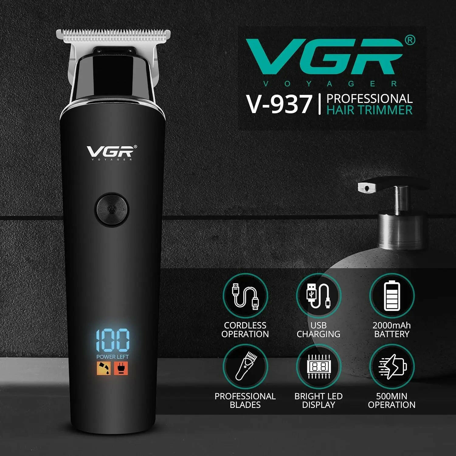 VGR V-937 Profesional Trimmer cu LED pentru Barba Aparat de ras electric reincarcabil cu baterie de 500 min Kit de ingrijire pentru miriste de precizie profesionale - Produs Recomandat 