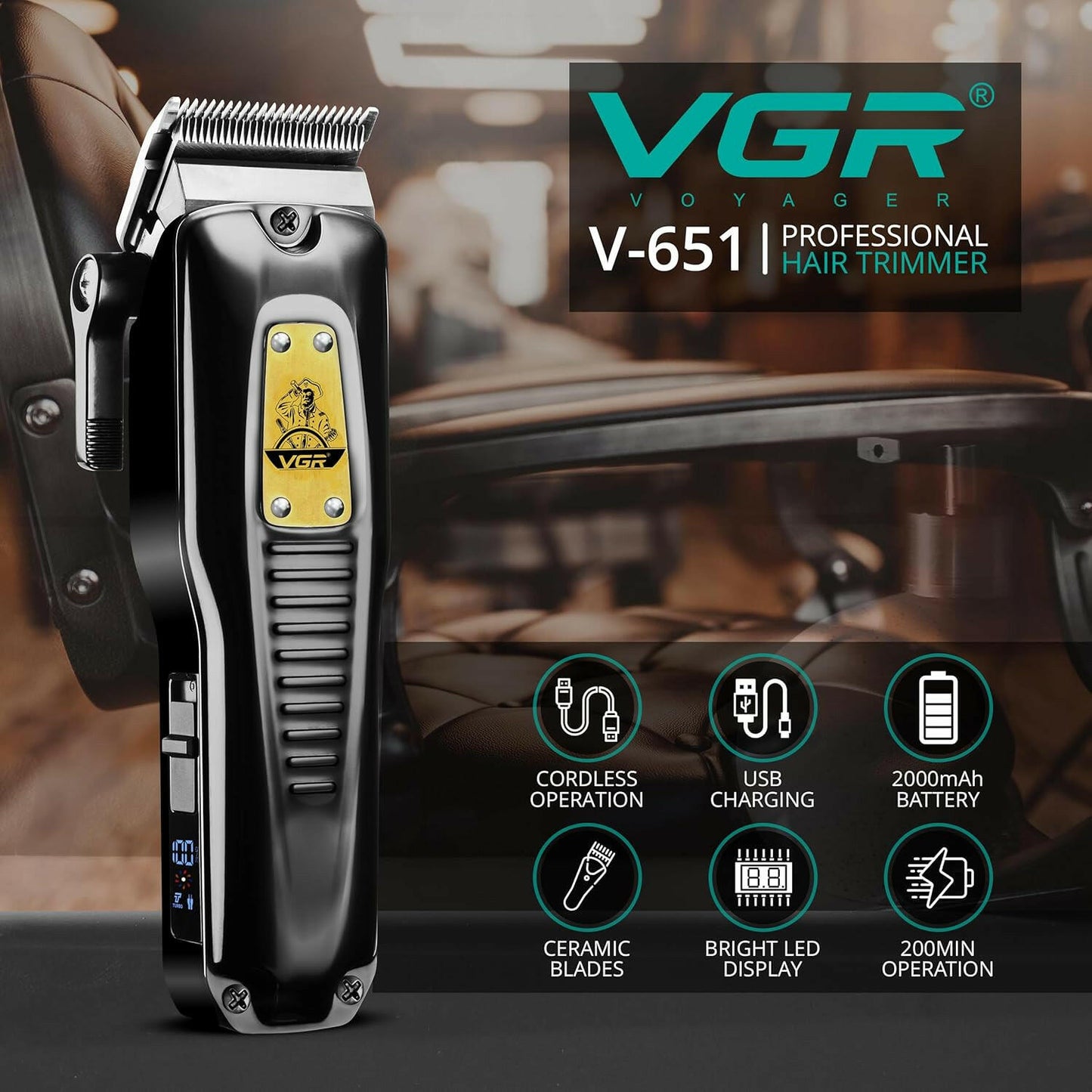 Aparat de tuns VGR V651 Premium Trimmer cu parghie conica si mod Turbo - Kit profesional Lame Ceramice Reincarcabila - Produs Recomandat 