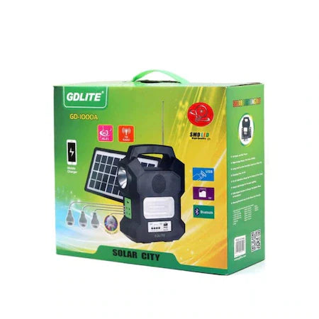 KIT SOLAR LANTERNA CU GDLITE GD-1000A, PANOU SOLAR, USB, BLUETOOTH, RADIO FM, MP3, LINTERNA LED, 3 BECURI, ALIMENTARE 220V.